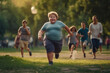 Exuberant young boy leads playtime race in park, showing movement and childhood joy.