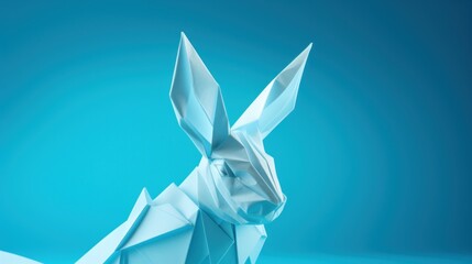 Sticker - A rabbit made from paper is sitting on a blue background, AI. Paper crafted origami