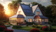 Luxus wunderschönes Einfamilienhaus mit Photovoltaikanlage alles ist perfekt für die Zukunft, Gartenanlage, regeneratives Haus Anlage mit Solarpanels Generative AI