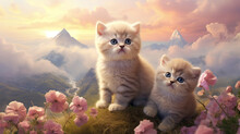 Dreamy Landscape With Exotic Shorthair Kittens Frolicking Amidst Pastel-colored Clouds Ai Generative