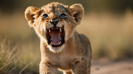 Wall Mural - lion cub roaring , nature wildlife photography