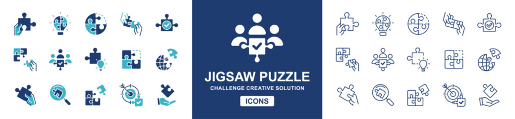 Leinwandbilder - puzzle challenge solution icon set. Teamwork mission problem solving match jigsaw piece vector illustration