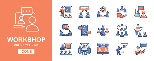 Aufkleber - workshop seminar online training icon set human resource skill course development vector illustration business teamwork coaching symbol for web and app