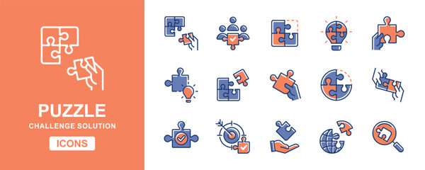 Leinwandbilder - teamwork challenge puzzle solution icon set business partnership objective problem solving jigsaw match piece vector illustration