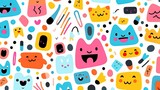 Fototapeta Pokój dzieciecy - A Cute and fun children's cartoon abstract minimalist doodle with lines and geometric shapes. Trendy colorful simple background, wallpaper texture design for kids. Generative AI, AI