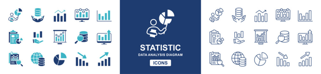 Leinwandbilder - data analysis graph icon vector set. Business diagram statistic data chart, monitoring, report, marketing performance, management symbol icons illustration. Solid and line styles collection