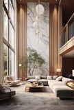 Fototapeta  - Marble and wood walls in a room with high ceilings Interior design of a modern house