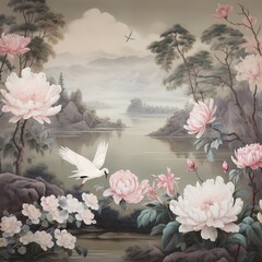 Chinese lucky animal Chinoiseries wallpaper with beautiful Nostalgic in fantasy dreamland super detailed painting