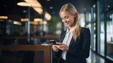 Fototapeta  - Young businesswoman uses a mobile phone on office background in the morning