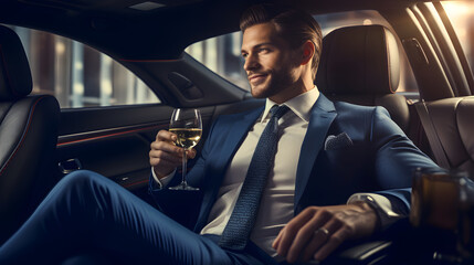 A rich man in a suit with a glass of wine in the car, limousine