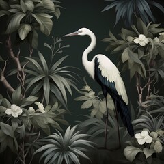  crane in the pond at night forest in chinoiserie style classic  and dark theme
