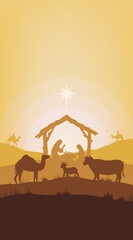 Wall Mural - Illustration of Christmas Nativity scene with the three wise men going to meet baby Jesus in the manger. Wallpaper background