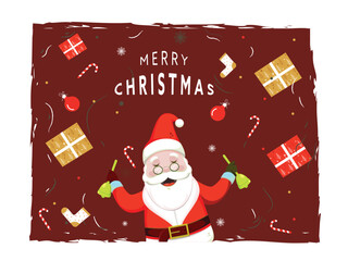 Sticker - Merry Christmas Celebration Concept with Cheerful Santa Claus Playing Bells, Gift Boxes, Candy Canes, Socks, Baubles Decorated on Burnt Red Background.