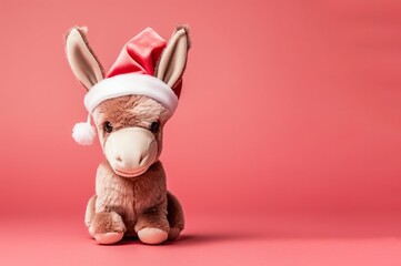 Wall Mural - Toy donkey with santa hat isolated on pastel pink background. Blank space for advertisement. Copy space.