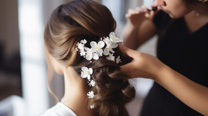 Wall Mural - Bridal wedding hairstyle with jewelry wreath