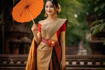 Asian model wearing traditional Thai clothing travels in an ancient Thai city. You can use it in your advertising or other high quality prints.