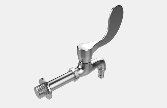 Faucet model isolated on light background, single faucet, stainless steel texture, home industry accessories, 3d rendering.