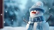 © Lubos Chlubny - Cute snowman with scarf and hat outside the window. Winter holiday christmas greeting card concept