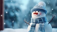 Cute Snowman With Scarf And Hat Outside The Window. Winter Holiday Christmas Greeting Card Concept