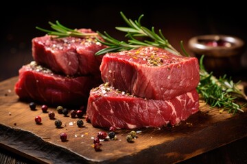 Wall Mural - Raw beef fillet steaks with spices on wooden background