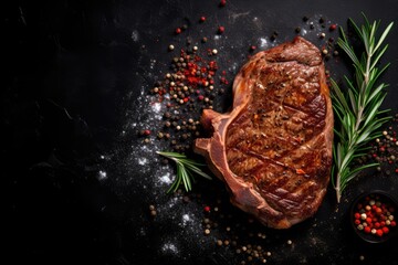 Rib eye steak with spices on the black background. Top view