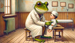 Frog doctor examining a human child, created with Generative AI technology カエルのお医者さん 生成AI