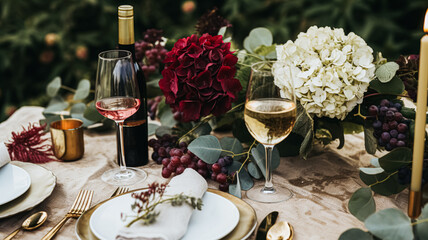 Wedding or formal dinner holiday celebration tablescape with hydrangea flowers in the English countryside garden, table setting with hydrangeas and wine, floral table decor for family dinner party