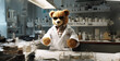 person in a factory, polo ralph lauren teddy bear in a lab coat on his