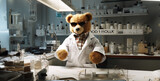 Fototapeta Do akwarium - person in a factory, polo ralph lauren teddy bear in a lab coat on his