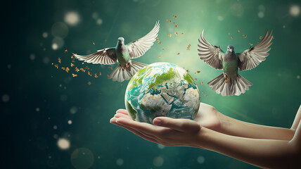 many hands person holding the earth there are pigeons flying around.on a green background to protect