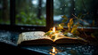 Open Book on a Rainy Day: An artistic capture of an open book on a windowsill with raindrops on the glass, adding a touch of melancholy