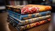 Stack of Hardcover Novels: A visually pleasing stack of hardcover novels with vibrant spines and intricate cover designs