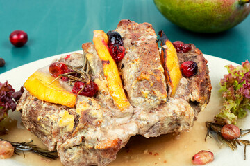 Canvas Print - Meatloaf with mango on a plate.