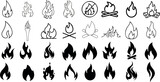 Fototapeta  - Fire, flame vector icons, black and white illustration. Perfect for logos, branding, design projects. Realistic and abstract styles