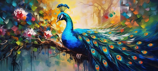 Wall Mural - painting style illustration, beautiful peacock in flower garden, Generative Ai	
