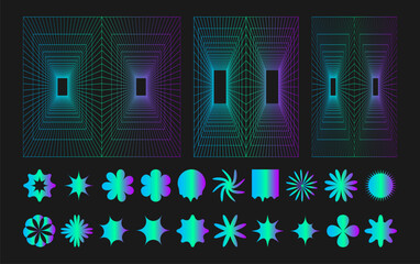 Poster - Cyber grid, punk perspective rectangular tunnels and y2k psychedelic elements set. Grid geometry tunnel, elements on black background. Trendy futuristic vector illustration.