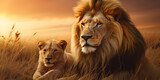 Fototapeta Sawanna - portrait of a lion, Beautiful Lion with female lion at grass,   Twilight Moments with Lions, Two lions in a dry grass background