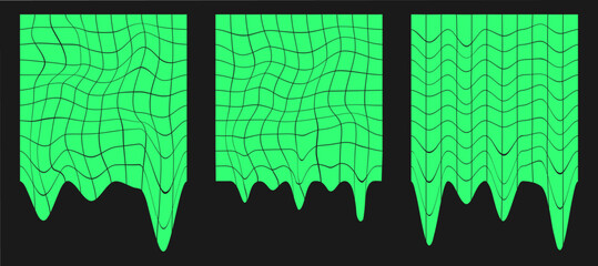 Poster - Set of distorted cyber grids. Cyberpunk geometry element y2k style. Isolated green mesh on black background. Vector fashion illustration.