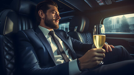 Wall Mural - A rich man in a suit with a glass of wine in the car, limousine