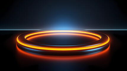 3d render, abstract geometric background of neon linear ring glowing in the dark, minimalist futuris