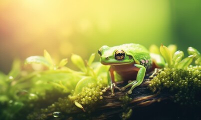 Wall Mural - A frog sitting on a moss covered branch, AI