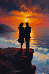 Poster - silhouette of a couple on the beach