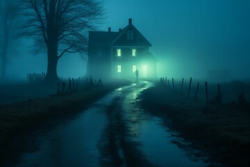 Wall Mural - An AI illustration of dark house with light in the fog by a tree on a country road