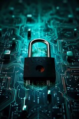 Digital padlock icon, cyber security network and data protection technology on virtual interface screen. Online internet authorized access against cyber attack and business data privacy concept.