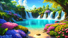 A Beautiful Paradise Land Full Of Flowers, Rivers And Waterfalls, A Blooming And Magical Idyllic Eden Garden.