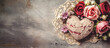 Interwoven feelings: heart and roses on a rustic background, banner.