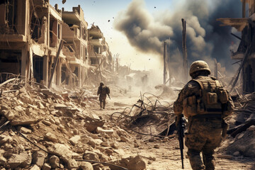 Poster - military soldiers in a destroyed city, fighting, conflict, ground operation