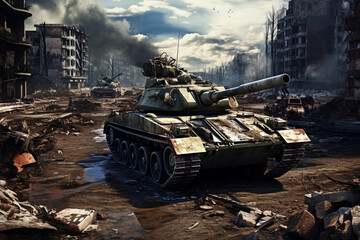 war, fighting, tanks in the city, armed conflict with explosions and shooting