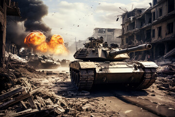 Poster - military tanks in a destroyed city, armed conflict, seizure of territories