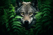 Wolf in the fern thickets. A predator's look. Generative AI